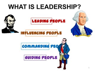 WHAT IS LEADERSHIP?

       Leading people

   Influencing people


   Commanding people

    Guiding people

                        5
 