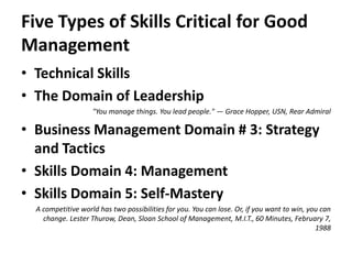 Five Types of Skills Critical for Good Management<br />Technical Skills<br />The Domain of Leadership<br />"You manage thi...