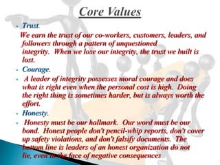 • Trust.
 We earn the trust of our co-workers, customers, leaders, and
  followers through a pattern of unquestioned
  integrity. When we lose our integrity, the trust we built is
  lost.
• Courage.
• A leader of integrity possesses moral courage and does
  what is right even when the personal cost is high. Doing
  the right thing is sometimes harder, but is always worth the
  effort.
• Honesty.
• Honesty must be our hallmark. Our word must be our
  bond. Honest people don't pencil-whip reports, don't cover
  up safety violations, and don't falsify documents. The
  bottom line is leaders of an honest organization do not
  lie, even in the face of negative consequences
 