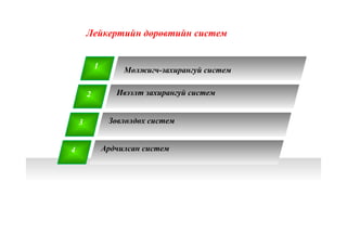 1 Мөлжигч-захирангуй систем
2 Ивээлт захирангуй систем
3 Зөвлөлдөх систем
4 Ардчилсан систем
Лейкертийн дөрөвтийн систем
 