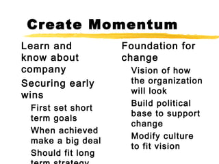 Create Momentum
Learn and
know about
company
Securing early
wins
First set short
term goals
When achieved
make a big deal
Should fit long

Foundation for
change
Vision of how
the organization
will look
Build political
base to support
change
Modify culture
to fit vision

 