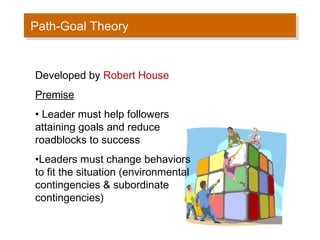 Path-Goal Theory
Path-Goal Theory

Developed by Robert House
Premise
• Leader must help followers
attaining goals and reduce
roadblocks to success
•Leaders must change behaviors
to fit the situation (environmental
contingencies & subordinate
contingencies)

 