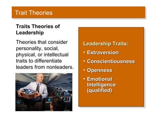 Trait Theories
Trait Theories
Traits Theories of
Leadership
Theories that consider
personality, social,
physical, or intellectual
traits to differentiate
leaders from nonleaders.

Leadership Traits::
Leadership Traits
•• Extraversion
Extraversion
•• Conscientiousness
Conscientiousness
•• Openness
Openness
•• Emotional
Emotional
Intelligence
Intelligence
(qualified)
(qualified)

 
