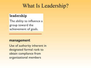 What Is Leadership?




management
Use of authority inherent in
designated formal rank to
obtain compliance from
organizational members
 