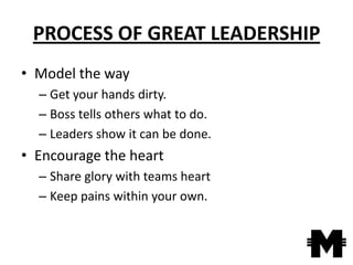 PROCESS OF GREAT LEADERSHIP
• Model the way
  – Get your hands dirty.
  – Boss tells others what to do.
  – Leaders show it can be done.
• Encourage the heart
  – Share glory with teams heart
  – Keep pains within your own.
 