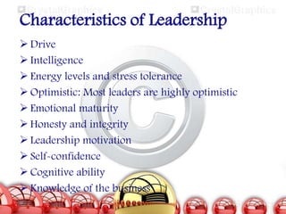 Characteristics of Leadership
 Drive
 Intelligence
 Energy levels and stress tolerance
 Optimistic: Most leaders are highly optimistic
 Emotional maturity
 Honesty and integrity
 Leadership motivation
 Self-confidence
 Cognitive ability
 Knowledge of the business

 