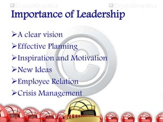 Importance of Leadership
A clear vision
Effective Planning
Inspiration and Motivation
New Ideas
Employee Relation
Crisis Management

 