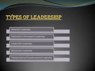 Autocratic Leadership

Democratic or Participative Leadership

Laissez-faire Leadership

Bureaucratic Leadership

Transactional and Transformational Leadership

 