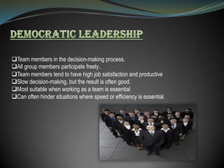 Team members in the decision-making process.
All group members participate freely.
Team members tend to have high job satisfaction and productive
Slow decision-making, but the result is often good.
Most suitable when working as a team is essential
Can often hinder situations where speed or efficiency is essential.

 