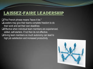This French phrase means "leave it be,"
Leaders may give their teams complete freedom to do
their work and set their own deadlines
Effective when individual team members are experienced,
skilled, self-starters. If not then its not effective.
Giving team members so much autonomy can lead to
high job satisfaction and increased productivity

 