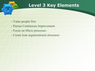 Level 3 Key Elements
- Value people first
- Pursue Continuous Improvement
- Focus on Micro processes
- Create lean organizational structures
 