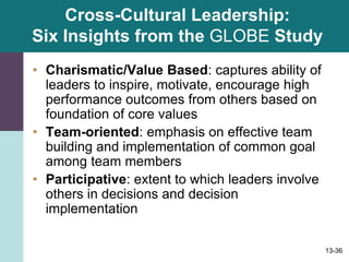 13-36
Cross-Cultural Leadership:
Six Insights from the GLOBE Study
• Charismatic/Value Based: captures ability of
leaders to inspire, motivate, encourage high
performance outcomes from others based on
foundation of core values
• Team-oriented: emphasis on effective team
building and implementation of common goal
among team members
• Participative: extent to which leaders involve
others in decisions and decision
implementation
 