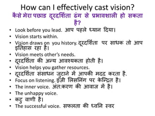 How can I effectively cast vision? 
कैसेमेरा पछाड द रदभशिता ढंग से प्रिावशाली हो सकता 
है? 
• Look before you lead. आप पहिे ध्यान ठदया। 
• Vision starts within. 
• Vision draws on you history. दूरदलशणता पर सािक तो आप 
इनतहास रहा है। 
• Vision meets other’s needs. 
• दूरदलशणता की अन्य आवश्यकता होती है। 
• Vision helps you gather resources. 
• दूरदलशणता सांसािन जुटाने में आपकी मदद करता है. 
• Focus on listening. इजी लिसननगां पर केस्न्ित है। 
• The inner voice. अांत:करर् की आवाज में है। 
• The unhappy voice. 
• कटु वार्ी है। 
• The successful voice. सफिता की ध्वनन स्वर 
 
