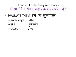 How can I extent my influence? 
मैं प्रभाववत सीमा कहाांतक बढ़ा सकता हूां? 
• EVALUATE THEM उन का मूल्याांकन 
– Knowledge ज्ञान 
– Skill कुशिता 
– Desire इच्छा 
 