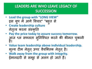 • Lead the group with “LONG VIEW” 
इस ग्रुप में आगे ववचार" "बहुत से 
• Create leadership culture 
नेतृत्व करना सांस्कृनत 
• Pay the price today to assure success tomorrow. 
आज ९ि सफिता सुननस्श्चत करने की कीमत चुकानी 
है। 
• Value team leadership above individual leadership. 
मूल्य ट म नेतृत्ऊपर वैयस्क्तक नेततृ ्है। 
• Walk away from the group with integrity. 
ईमानदार से समूह से अिग हो जाते हैं। 
 