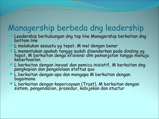 Managership berbeda dng leadership 
Leadership berhubungan dng top line Managership berkaitan dng 
bottom line 
L melakukan sesuatu yg tepat, M mel dengan benar 
L menentukan apakah tangga sudah disenderkan pada dinding yg 
tepat, M berkaitan denga efisiensi dlm pemanjatan tangga menuju 
keberhasilan. 
L berkaitan dengan inovasi dan pemicu inisiatif, M berkaitan dng 
pengkopian dan pengelolaan stattus quo 
L berkaitan dengan apa dan mengapa M berkaitan dengan 
bagaimana 
L berkaitan dengan kepercayaan (Trust), M berkaitan dengan 
sistem, pengendalian, prosedur, kebijakan dan stuctur 
 