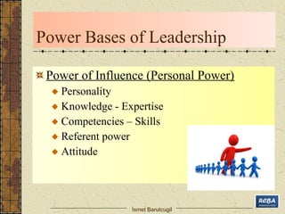 Power Bases of Leadership 
Power of Influence (Personal Power) 
Personality 
Knowledge - Expertise 
Competencies – Skills 
Referent power 
Attitude 
İsmet Barutcugil 
 