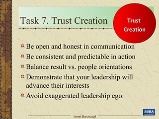 Task 7. Trust Creation 
Be open and honest in communication 
Be consistent and predictable in action 
Balance result vs. people orientations 
Demonstrate that your leadership will 
advance their interests 
Avoid exaggerated leadership ego. 
İsmet Barutcugil 
Trust 
Creation 
 