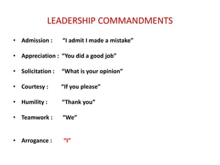 LEADERSHIP COMMANDMENTS 
• Admission : “I admit I made a mistake” 
• Appreciation : “You did a good job” 
• Solicitation : “What is your opinion” 
• Courtesy : “If you please” 
• Humility : “Thank you” 
• Teamwork : “We” 
• Arrogance : “I” 
 