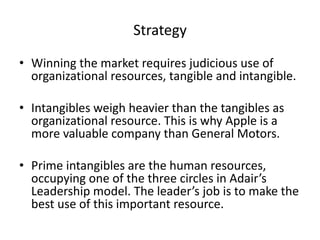 Strategy 
• Winning the market requires judicious use of 
organizational resources, tangible and intangible. 
• Intangibles weigh heavier than the tangibles as 
organizational resource. This is why Apple is a 
more valuable company than General Motors. 
• Prime intangibles are the human resources, 
occupying one of the three circles in Adair’s 
Leadership model. The leader’s job is to make the 
best use of this important resource. 
 