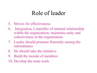 Role of leader 
5. Strives for effectiveness 
6. Integration, Controller of internal relationship 
within the organization, maintains unity and 
cohesiveness in the organization 
7. Leader should promote fraternity among the 
subordinates 
8. He should take the imitative 
9. Build the morale of members 
10. Develop the team work 
 