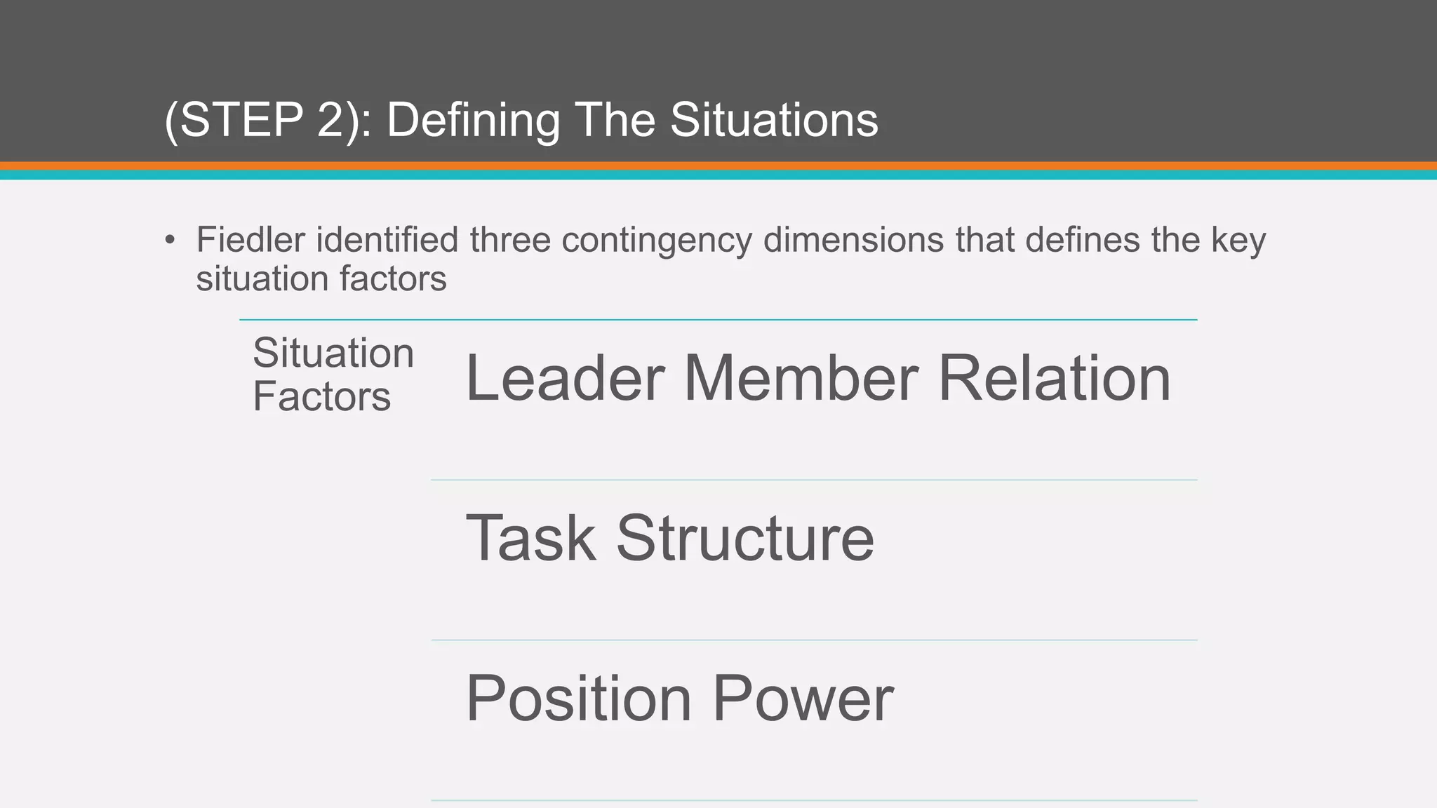 (STEP 2): Defining The Situations 
• Fiedler identified three contingency dimensions that defines the key 
situation factors 
Situation 
Factors Leader Member Relation 
Task Structure 
Position Power 
 