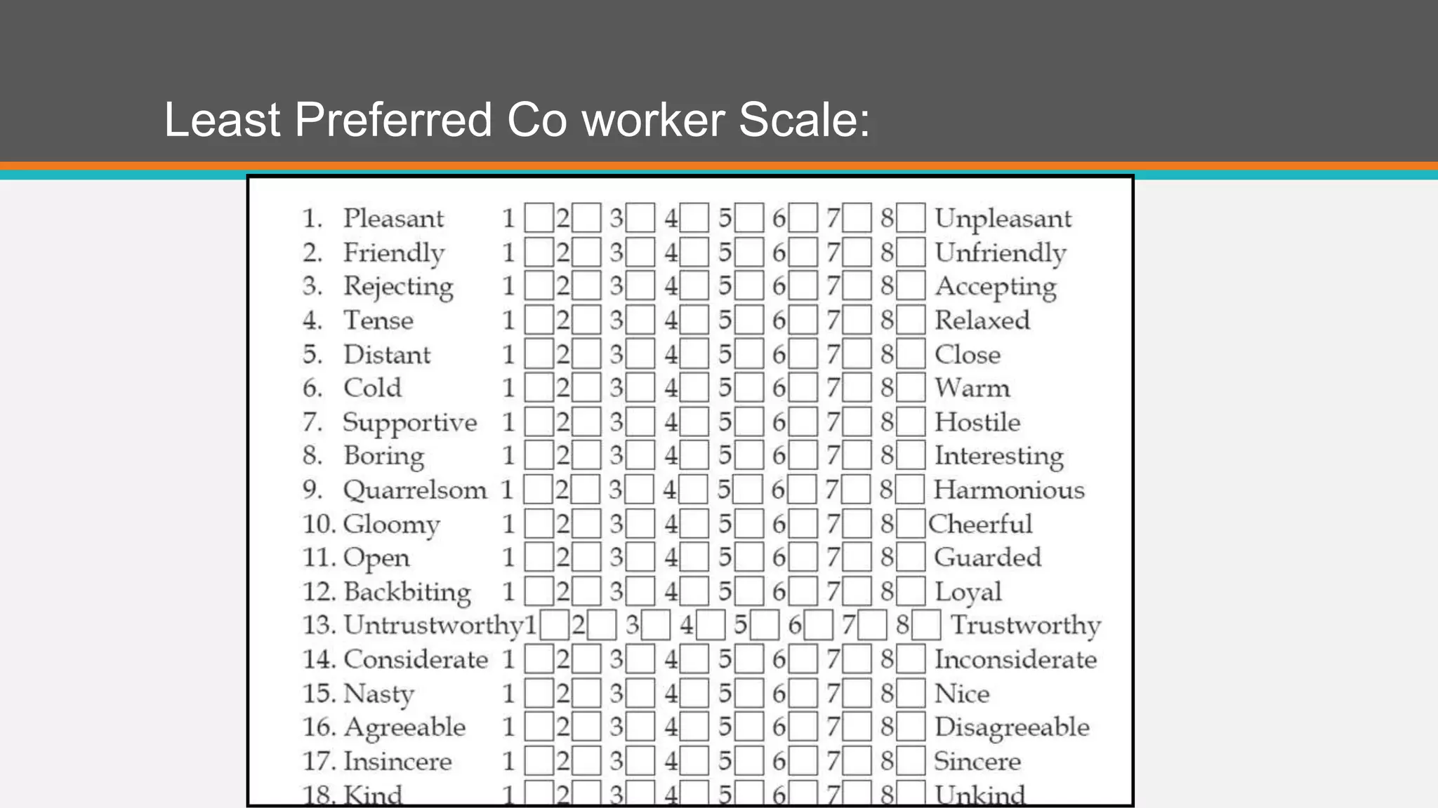 Least Preferred Co worker Scale: 
 