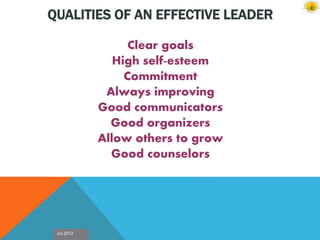 Jul 2012
QUALITIES OF AN EFFECTIVE LEADER
Clear goals
High self-esteem
Commitment
Always improving
Good communicators
Good organizers
Allow others to grow
Good counselors
 