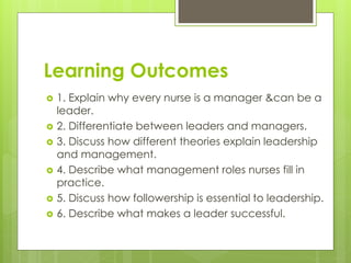 Learning Outcomes
 1. Explain why every nurse is a manager &can be a
leader.
 2. Differentiate between leaders and managers.
 3. Discuss how different theories explain leadership
and management.
 4. Describe what management roles nurses fill in
practice.
 5. Discuss how followership is essential to leadership.
 6. Describe what makes a leader successful.
 