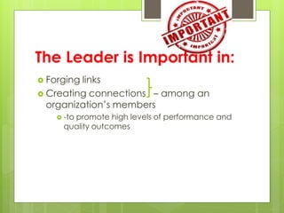 The Leader is Important in:
 Forging links
 Creating connections – among an
organization’s members
 -to promote high levels of performance and
quality outcomes
 