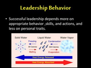 Leadership Behavior
• Successful leadership depends more on
appropriate behavior ,skills, and actions, and
less on personal traits.
 