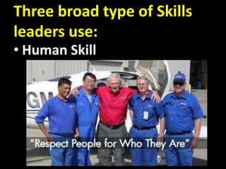 Three broad type of Skills
leaders use:
• Human Skill
 