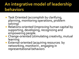  Task Oriented (accomplish by clarifying,
planning, monitoring operations, problem
solving)
 Relations-oriented (improving human capital by
supporting, developing, recognizing and
empowering people.
 Change-oriented (stimulating creativity, mutual
learning
 External-oriented (acquiring resources by
networking, monitorin , engaging in
representational behaviors
 