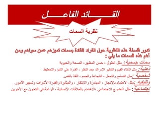 ‫جسمية‬ ‫سمات‬:،‫المظهر‬ ‫حسن‬ ، ‫الطول‬ ‫مثل‬‫الصحة‬‫و‬‫الحيوية‬
‫ذهنية‬:‫والتخطيط‬ ‫التنبؤ‬ ‫علي‬ ‫القدرة‬ ، ‫النظر‬ ‫،بعد‬ ‫اإلدراك‬ ‫والتفكير‬ ‫الفهم‬ ‫الذكاء‬ ‫مثل‬
‫شخصية‬:‫بالنفس‬ ‫الثقة‬ ، ‫والحسم‬ ‫الشجاعة‬ ، ‫والتحمل‬ ‫التسامح‬ ‫مثل‬.
‫وظيفيه‬:، ‫باإلنجاز‬ ‫االهتمام‬ ‫مثل‬‫المباد‬‫ر‬‫ة‬‫وتسي‬ ‫األشراف‬ ‫والقدرة‬ ‫والمثابرة‬ ، ‫واالبتكار‬‫األمور‬ ‫ير‬.
‫اجتماعية‬:‫م‬ ‫التعاون‬ ‫في‬ ‫الرغبة‬ ، ‫اإلنسانية‬ ‫بالعالقات‬ ‫،االهتمام‬ ‫االجتماعي‬ ‫النضوج‬ ‫مثل‬‫اآلخرين‬ ‫ع‬
‫السمات‬ ‫نظرية‬
 