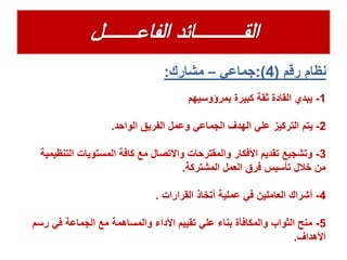 ‫رقم‬ ‫نظام‬(4:)‫جماعي‬–‫مشارك‬:
1-‫بمرؤوسيهم‬ ‫كبيرة‬ ‫ثقة‬ ‫القادة‬ ‫يبدي‬
2-‫الواحد‬ ‫الفريق‬ ‫وعمل‬ ‫الجماعي‬ ‫الهدف‬ ‫علي‬ ‫التركيز‬ ‫يتم‬.
3-‫ال‬ ‫المستويات‬ ‫كافة‬ ‫مع‬ ‫واالتصال‬ ‫والمقترحات‬ ‫األفكار‬ ‫تقديم‬ ‫وتشجيع‬‫تنظيمية‬
‫المشتركة‬ ‫العمل‬ ‫فرق‬ ‫تأسيس‬ ‫خالل‬ ‫من‬.
4-‫القرارات‬ ‫أتخاذ‬ ‫عملية‬ ‫في‬ ‫العاملين‬ ‫أشراك‬.
5-‫ر‬ ‫في‬ ‫الجماعة‬ ‫مع‬ ‫والمساهمة‬ ‫األداء‬ ‫تقييم‬ ‫علي‬ ‫بناء‬ ‫والمكافأة‬ ‫الثواب‬ ‫منح‬‫سم‬
‫األهداف‬.
 