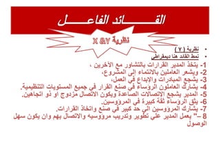 •‫نظرية‬(Y)
•‫ديمقراطي‬ ‫هنا‬ ‫القائد‬ ‫نمط‬
1-، ‫اآلخرين‬ ‫مع‬ ‫بالتشاور‬ ‫القرارات‬ ‫المدير‬ ‫يتخذ‬
2-،‫المشروع‬ ‫إلى‬ ‫باالنتماء‬ ‫العاملين‬ ‫ويشعر‬
3-،‫العمل‬ ‫في‬ ‫واإلبداع‬ ‫المبادرات‬ ‫يشجع‬
4-‫التن‬ ‫المستويات‬ ‫جميع‬ ‫في‬ ‫القرار‬ ‫صنع‬ ‫في‬ ‫الرؤساء‬ ‫العاملون‬ ‫يشارك‬‫ظيمية‬.
5-‫اتجاهين‬ ‫ذو‬ ‫او‬ ‫مزدوج‬ ‫االتصال‬ ‫ويكون‬ ‫الصاعدة‬ ‫اإلتصاالت‬ ‫يشجع‬ ‫المدير‬.
6-‫المرؤوسين‬ ‫في‬ ‫كبيرة‬ ‫ثقة‬ ‫الرؤساء‬ ‫يثق‬.
7-‫القرارات‬ ‫واتخاذ‬ ‫صنع‬ ‫في‬ ‫كبير‬ ‫حد‬ ‫الي‬ ‫المرؤوسين‬ ‫يشارك‬.
8–"‫يكون‬ ‫وان‬ ‫بهم‬ ‫واالتصال‬ ‫مرؤوسيه‬ ‫وتدريب‬ ‫تطوير‬ ‫علي‬ ‫المدير‬ ‫يعمل‬‫سهل‬
‫الوصول‬
 