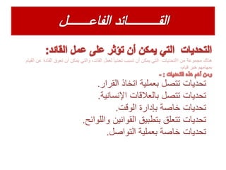 ‫ا‬ ‫من‬ ‫مجموعة‬ ‫هناك‬‫التحديات‬‫ع‬ ‫القادة‬ ‫تعوق‬ ‫أن‬ ‫يمكن‬ ‫والتي‬ ،‫القائد‬ ‫لعمل‬ ً‫ا‬‫تحدي‬ ‫تسبب‬ ‫أن‬ ‫يمكن‬ ‫التي‬‫القيام‬ ‫ن‬
،‫قيام‬ ‫خير‬ ‫بمهامهم‬
‫تحديات‬‫القرار‬ ‫اتخاذ‬ ‫بعملية‬ ‫تتصل‬.
‫تحديات‬‫اإلنسانية‬ ‫بالعالقات‬ ‫تتصل‬.
‫تحديات‬‫الوقت‬ ‫بإدارة‬ ‫خاصة‬.
‫تحديات‬‫واللوائح‬ ‫القوانين‬ ‫بتطبيق‬ ‫تتعلق‬.
‫تحديات‬‫التواصل‬ ‫بعملية‬ ‫خاصة‬.
 