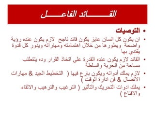 •‫ر‬ ‫عنده‬ ‫يكون‬ ‫الزم‬ ‫ناجح‬ ‫قائد‬ ‫يكون‬ ‫عايز‬ ‫انسان‬ ‫كل‬ ‫يكون‬ ‫ان‬‫ؤية‬
‫قدوة‬ ‫كل‬ ‫ويدور‬ ‫ومهاراته‬ ‫اهتمامته‬ ‫خالل‬ ‫من‬ ‫ويطورها‬ ‫واضحة‬
‫بها‬ ‫يقتدي‬
•‫يتتطل‬ ‫وده‬ ‫القرار‬ ‫اتخاذ‬ ‫علي‬ ‫القدرة‬ ‫عنده‬ ‫يكون‬ ‫الزم‬ ‫القائد‬‫ب‬
‫والسلطة‬ ‫الحرية‬ ‫من‬ ‫مساحة‬
•‫فيها‬ ‫بارع‬ ‫ويكون‬ ‫أدواته‬ ‫يملك‬ ‫الزم‬(‫الجيد‬ ‫التخطيط‬&‫مه‬‫ارات‬
‫االتصال‬&‫الوقت‬ ‫ادارة‬ ‫فن‬)
•‫والتأثير‬ ‫التحريك‬ ‫ادوات‬ ‫يملك‬(‫واال‬ ‫والترهيب‬ ‫الترغيب‬‫لقاء‬
‫واالقناع‬)
 