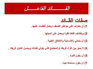 1)‫عليها‬ ‫للقضاء‬ ‫ويعمل‬ ‫الضعف‬ ‫مواطن‬ ‫على‬ ‫يتعرف‬ ‫أن‬.
2)‫تنميتها‬ ‫على‬ ‫ويعمل‬ ‫القوة‬ ‫نقاط‬ ‫ويكتشف‬.
3)‫الطيبة‬ ‫واألخالق‬ ‫باإلنسانية‬ ‫يتحلي‬ ‫أن‬.
4)‫اختي‬ ‫ويحسن‬ ‫قيادته‬ ‫يتولي‬ ‫الذي‬ ‫أوالمجتمع‬ ‫فريقه‬ ‫افراد‬ ‫بين‬ ‫يميز‬ ‫ال‬‫فريقه‬ ‫ار‬.
5)‫قدوة‬ ‫يكون‬ ‫أن‬.
7)‫جيدا‬ ‫مستمعا‬ ‫يكون‬ ‫أن‬.
 
