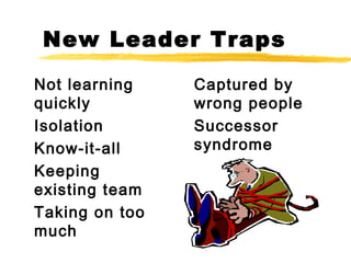 New Leader Traps
Not learning
quickly
Isolation
Know-it-all
Keeping
existing team
Taking on too
much
Captured by
wrong people
Successor
syndrome
 