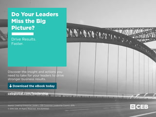 Source: Creating Enterprise Leaders, CEB Corporate Leadership Council, 2015
© 2015 CEB. All Rights Reserved. SHL152455GD
Discover the insight and actions you
need to take for your leaders to drive
stronger business results.
Download the eBook today
cebglobal.com/leadership
Do Your Leaders
Miss the Big
Picture?
Drive Results.
Faster.
 