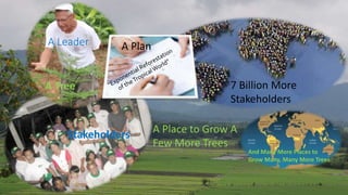 A Leader
Stakeholders A Place to Grow A
Few More Trees
A Tree
A Plan
7 Billion More
Stakeholders
And Many More Places to
Grow Many, Many More Trees
 