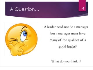 A Question… 14
A leader need not be a manager
but a manager must have
many of the qualities of a
good leader?
What do you think ?
 