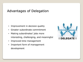 Advantages of Delegation
• Improvement in decision quality
• Greater subordinate commitment
• Making subordinates’ jobs more
interesting, challenging, and meaningful
• Improved time management
• Important form of management
development
 