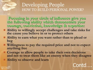 Developing People HOW TO BUILD PERSONAL POWER? Focusing in your circle of influence give you the following ability which demonstrate your courage, conviction, knowledge & expertise: Ability to willingly accept challenges and take risks for the cause you believe in or to protect others Ability to earn what you want rather than to plead or beg Willingness to pay the required price and not to expect anything free Courage to allow people to take their own decisions and not to treat them like an enemy when they disagree Ability to observe and learn Contd…. 