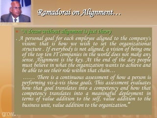 Ramadorai on Alignment… “ A  dream without alignment is just theory . A personal goal for each employee aligned to the company's vision: that is how we wish to set the organizational structure . If everybody is not aligned, a vision of being one of the top ten IT companies in the world does not make any sense. Alignment is the key. At the end of the day people must believe in what the organization wants to achieve and be able to see their role within that chain… ……  There is a continuous assessment of how a person is performing vis-à-vis those goals. This assessment evaluates how that goal translates into a competency and how that competency translates into a meaningful deployment in terms of value addition to the self, value addition to the business unit, value addition to the organization .” 