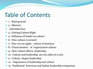 Table of Contents
 1 : Back ground
 2 : Abstract
 3:Introduction
 4 : Getting Culture Right
 5 : Influence of leader on culture
 6 : How culture is created
 7 : How we can apply culture to business
 8 : Characteristics of organization culture
 9 : How culture effects leadership
 10 : Culture and leadership are two sides of a coin
 11 : Culture shapes leadership
 12 : Importance of leadership and culture
 13 : Traditional American and Indian leadership comparisan
 