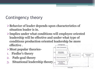 Contingency theory
Behavior of leader depends upon characteristics of
situation leader is in.
Implies under what conditions will employee oriented
leadership will be effective and under what type of
conditions production oriented leadership be more
effective .
Most popular theories-
1. Fiedler’s theory
2. Path-goal theory
3. Situational leadership theory
 