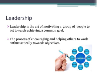 Leadership
Leadership is the art of motivating a group of people to
act towards achieving a common goal.
The process of encouraging and helping others to work
enthusiastically towards objectives.
 