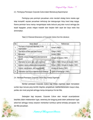 OOrriiggiinnaall PPaaggee NNuummbbeerr::
Institute of Management Sciences.
13
2.3. Pentingnya Penerapan Corporate Culture dalam Mendukung Kepemimpinan
Pentingnya para pemimpin perusahaan untuk merubah strategi bisnis mereka agar
tetap kompetitif, reputasi perusahaan terlindungi dan kelangsungan hidup brand tetap terjaga.
Karena pemimpin harus mampu mengantisipasi resiko terburuk yang akan muncul sehingga jika
terjadi kegagalan, proses mitigasi masalah akan berjalan lebih cepat dan biaya resiko bisa
diminimalkan.
Tabel 2.31General Dimensions of Corporate Culture from the Literature:
No Ideas About: References
1.
The basis of truth and rationality in the
organization
Schein (1992);
2. The nature of time and time horizon Schein (1992);
3. Motivation Schein (1992);
4.
Stability versus change/innovation/personal
growth
Kilmann & Saxton (1991)
5. Orientation to work, task, and coworkers Schein (1992); Kilmann & Saxton (1991)
6. Isolation versus collaboration/cooperation Schein (1992); Kilmann & Saxton (1991)
7. Control, coordination, and responsibility Kilmann & Saxton (1991)
8. Orientation and focus-internal and/or external Quinn & Rohrbaugh (1983);
2.4. Manfaaat Penerapan Corporate Culture Bagi Kinerja Organisasi
Manfaat penerapan Corporate Culture bagi kinerja organisasi dapat menciptakan
sumber daya manusia yang memiliki integritas, pengetahuan, keahlian/ketrampilan maupun sikap,
perilaku dan moral yang baik sehingga mampu tercapainya Visi dan Misi.
Sedangkan bagi karyawan, Corporate Culture akan menjadi acuan/pedoman
berprilaku dalam melaksanakan tugas, wewenang dan tanggung jawab dalam pelaksanaan tugas
sehari-hari sehingga mampu berperan memberikan kontribusi optimal terhadap pencapaian Visi
dan Misi perusahaan.
 